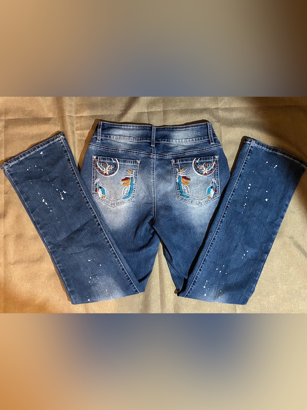 Flamingals Mid-rise Bootcut Embroidered Paint Splatter Denim Jeans Embellished L